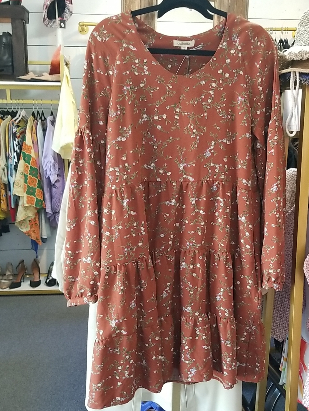 Rust Floral Tiered Long-Sleeve Dress
